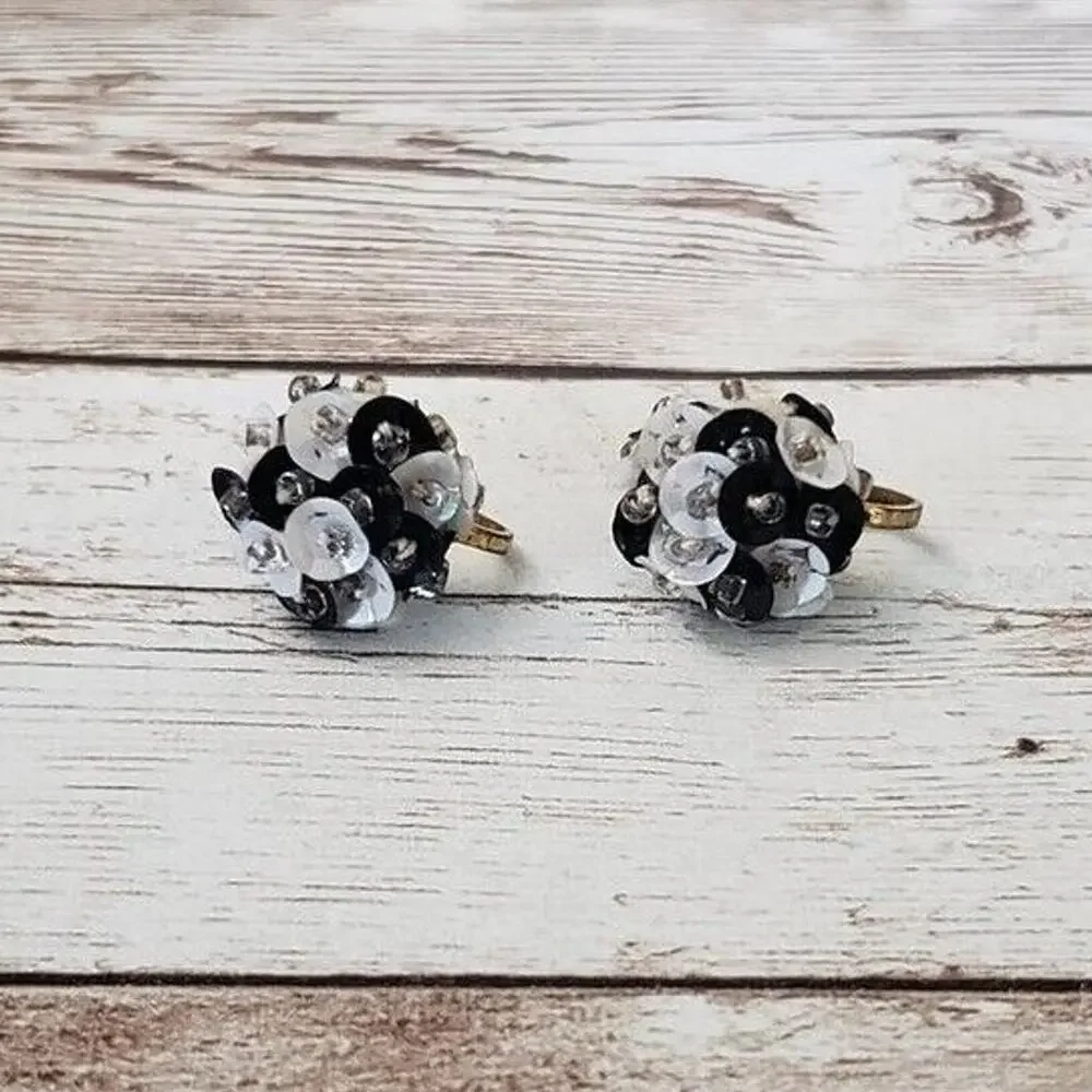 Vintage Screw Back Earrings Black & White Sequin Cluster Just Over 0.5